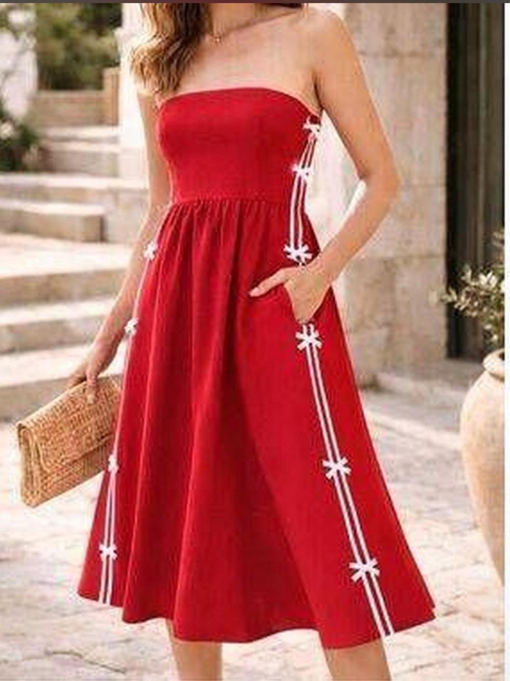 Anthropologie Red Strapless Midi Dress with White Side Stripes